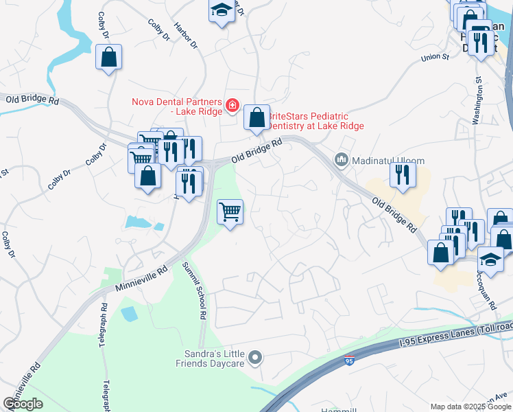 map of restaurants, bars, coffee shops, grocery stores, and more near 12893 Hunterbrook Drive in Woodbridge