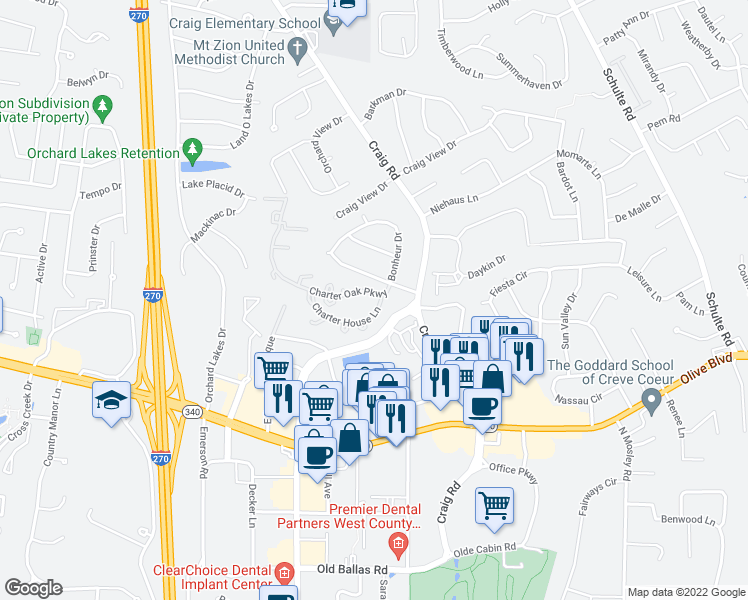 map of restaurants, bars, coffee shops, grocery stores, and more near 11927 Charter Oak Parkway in St. Louis
