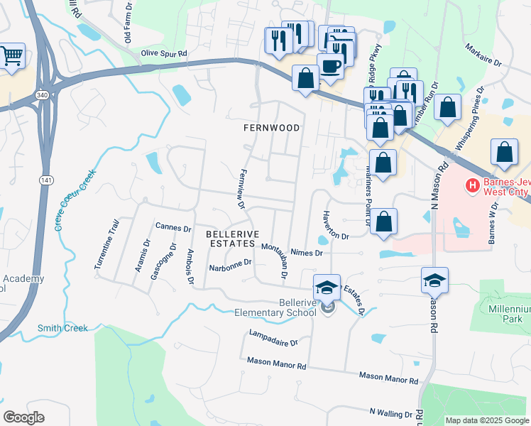 map of restaurants, bars, coffee shops, grocery stores, and more near 12931 Barbezieux Drive in Creve Coeur