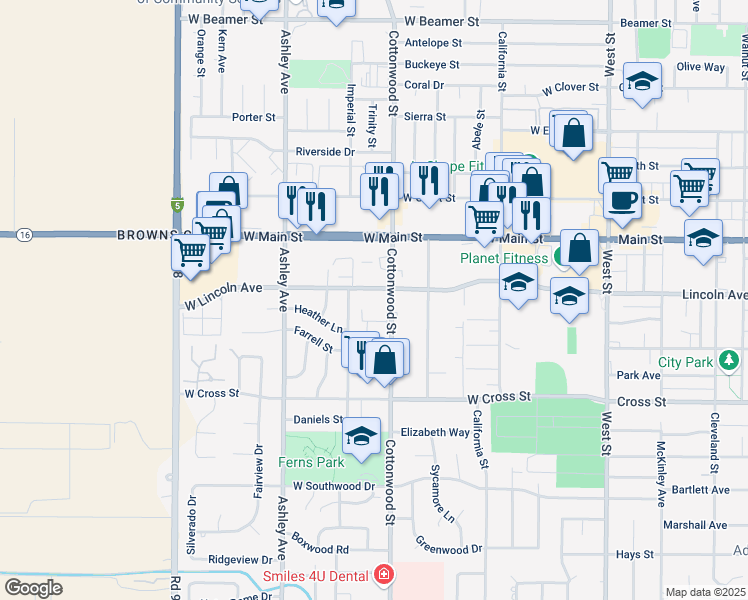 map of restaurants, bars, coffee shops, grocery stores, and more near 450 Cottonwood Street in Woodland