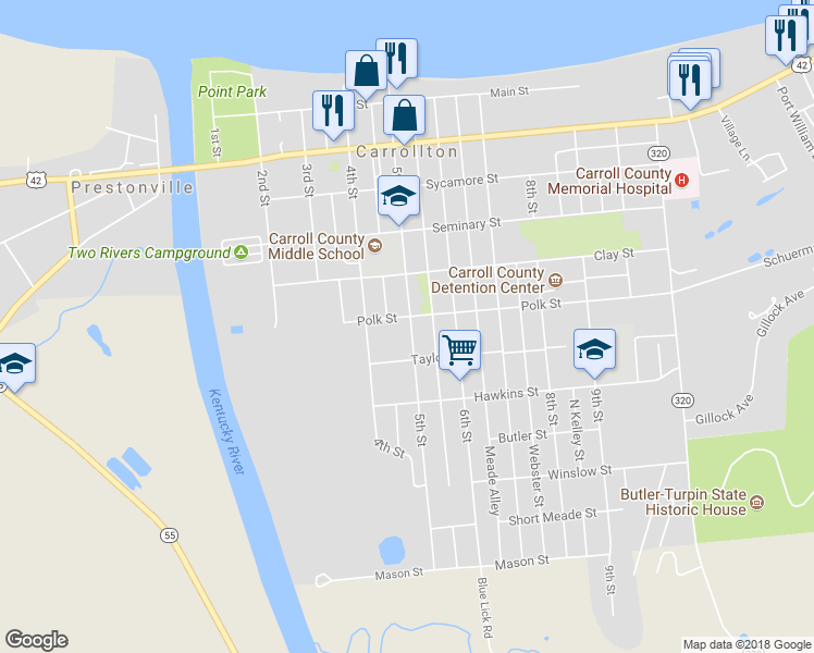 map of restaurants, bars, coffee shops, grocery stores, and more near 604 5th Street in Carrollton