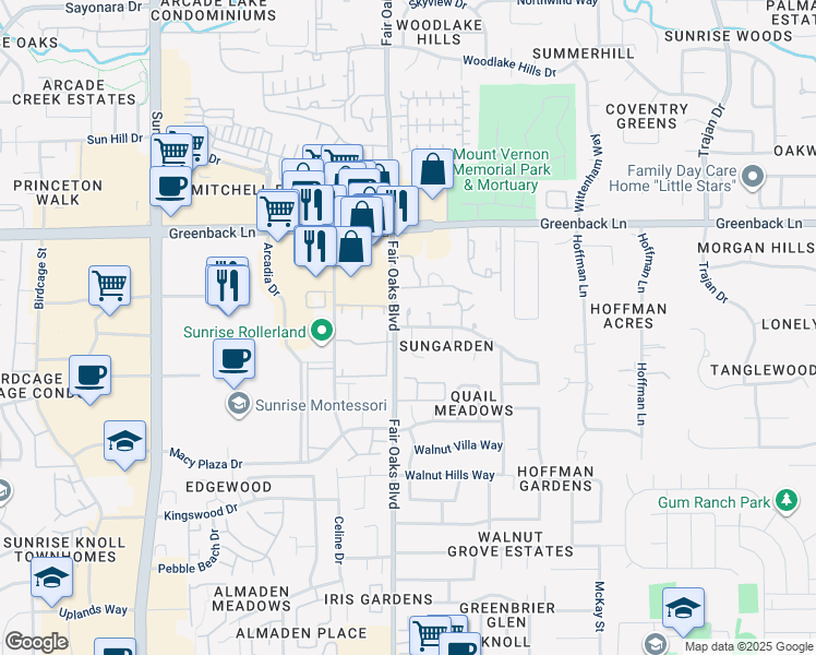 map of restaurants, bars, coffee shops, grocery stores, and more near 8119 Sunbonnet Drive in Fair Oaks