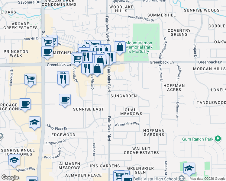 map of restaurants, bars, coffee shops, grocery stores, and more near 6001 Summer Dawn Court in Fair Oaks