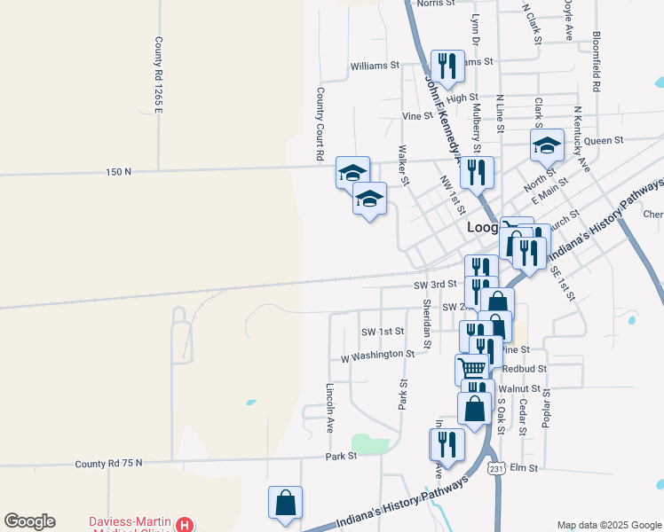 map of restaurants, bars, coffee shops, grocery stores, and more near in Loogootee