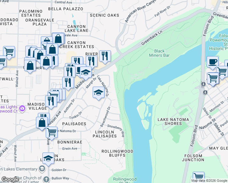 map of restaurants, bars, coffee shops, grocery stores, and more near 9652 Lake Natoma Drive in Orangevale