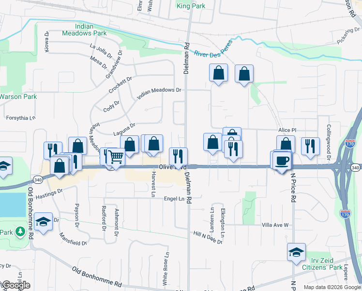 map of restaurants, bars, coffee shops, grocery stores, and more near 1137 Dielman Road in Olivette