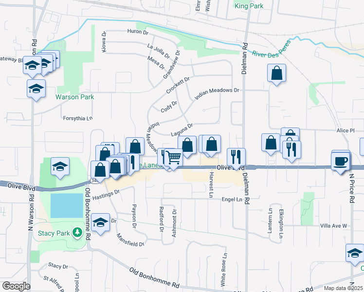 map of restaurants, bars, coffee shops, grocery stores, and more near 17 Tower Hill Court in Olivette