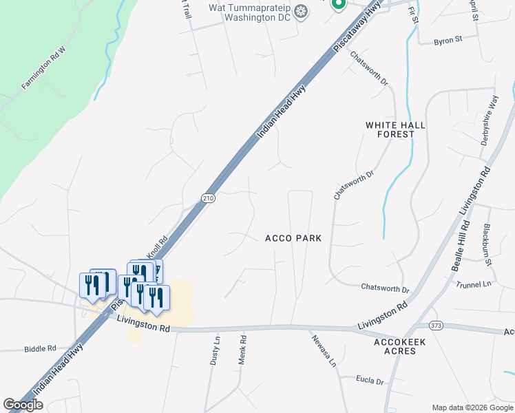 map of restaurants, bars, coffee shops, grocery stores, and more near 15602 Henrietta Drive in Accokeek