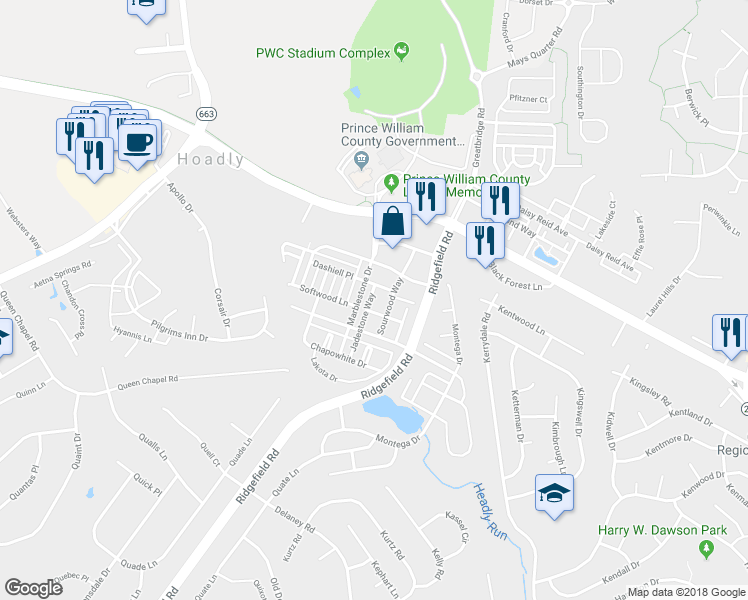 map of restaurants, bars, coffee shops, grocery stores, and more near 13003 Jadestone Way in Woodbridge