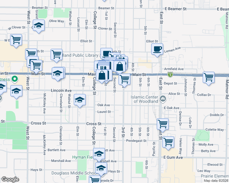 map of restaurants, bars, coffee shops, grocery stores, and more near 698 Lincoln Avenue in Woodland