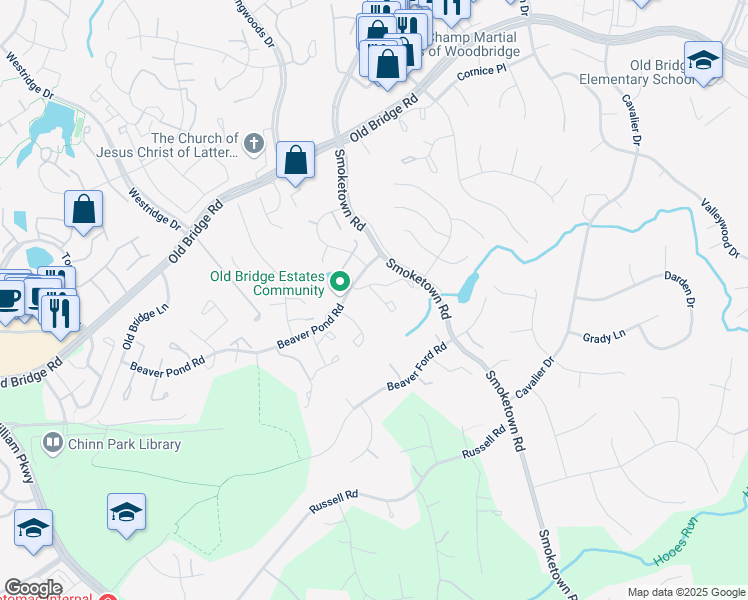 map of restaurants, bars, coffee shops, grocery stores, and more near 3623 Eagle Rock Court in Woodbridge