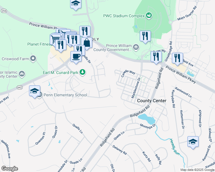 map of restaurants, bars, coffee shops, grocery stores, and more near 13089 Pilgrims Inn Drive in Woodbridge