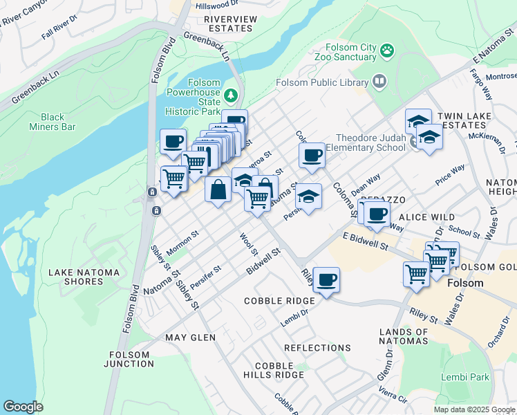 map of restaurants, bars, coffee shops, grocery stores, and more near in Folsom