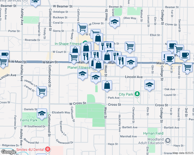 map of restaurants, bars, coffee shops, grocery stores, and more near 15 West Main Street in Woodland