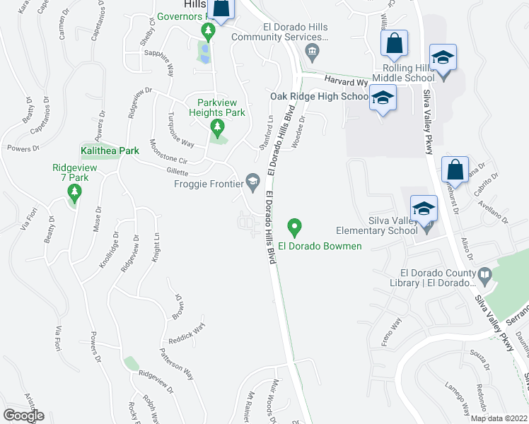 map of restaurants, bars, coffee shops, grocery stores, and more near 3398 El Dorado Hills Boulevard in El Dorado Hills