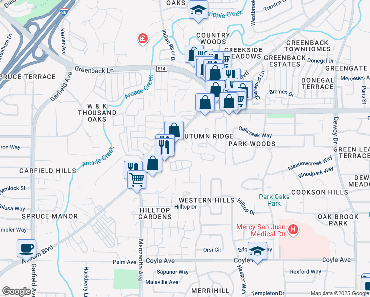 map of restaurants, bars, coffee shops, grocery stores, and more near 6036 Shadow Lane in Citrus Heights