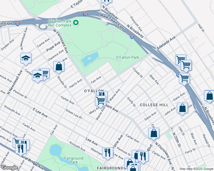 map of restaurants, bars, coffee shops, grocery stores, and more near 2038 Adelaide Avenue in St. Louis