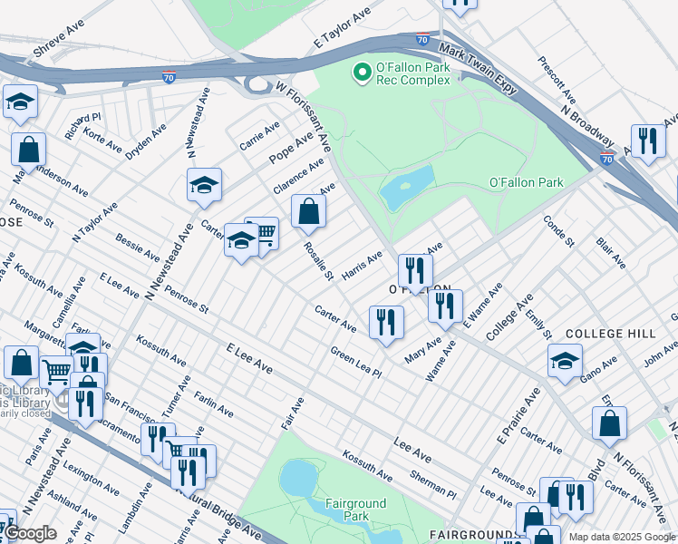 map of restaurants, bars, coffee shops, grocery stores, and more near 4525 Harris Avenue in St. Louis