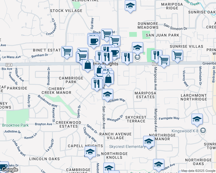 map of restaurants, bars, coffee shops, grocery stores, and more near 6042 San Juan Avenue in Citrus Heights