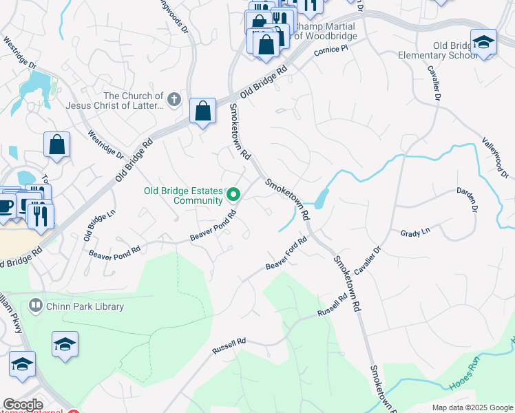 map of restaurants, bars, coffee shops, grocery stores, and more near 3623 Eagle Rock Court in Woodbridge