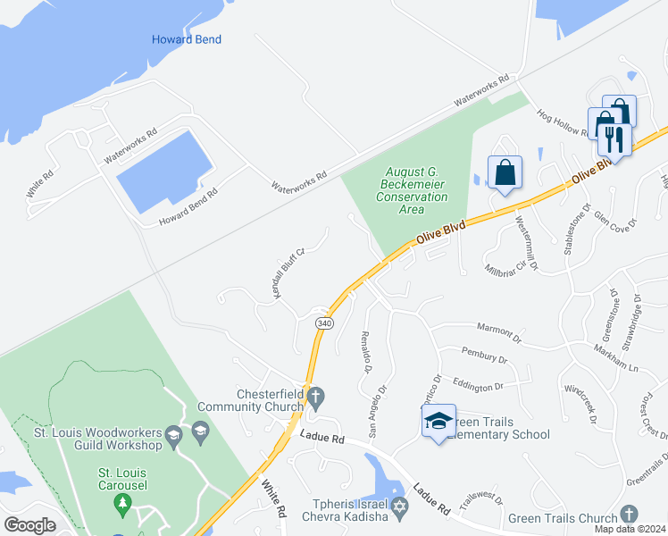 map of restaurants, bars, coffee shops, grocery stores, and more near 14701 Olive Boulevard in Chesterfield