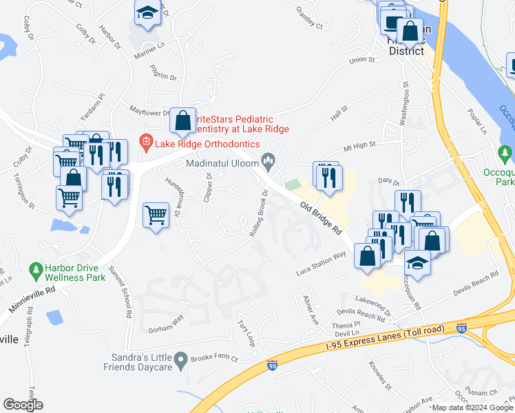 map of restaurants, bars, coffee shops, grocery stores, and more near 12730 Rolling Brook Road in Woodbridge