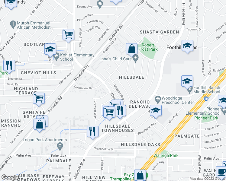 map of restaurants, bars, coffee shops, grocery stores, and more near 5942 Walerga Road in Sacramento