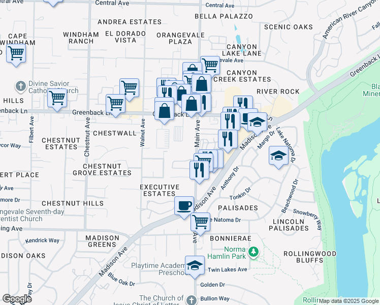 map of restaurants, bars, coffee shops, grocery stores, and more near 6047 Main Avenue in Orangevale