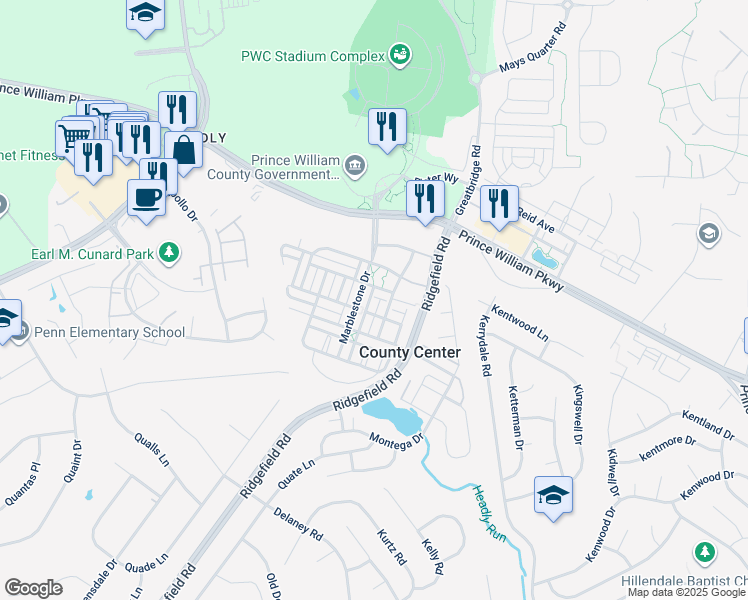 map of restaurants, bars, coffee shops, grocery stores, and more near 13001 Jadestone Way in Woodbridge