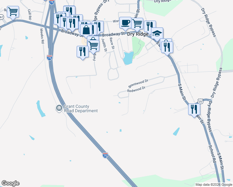 map of restaurants, bars, coffee shops, grocery stores, and more near 259 Redwood Drive in Dry Ridge