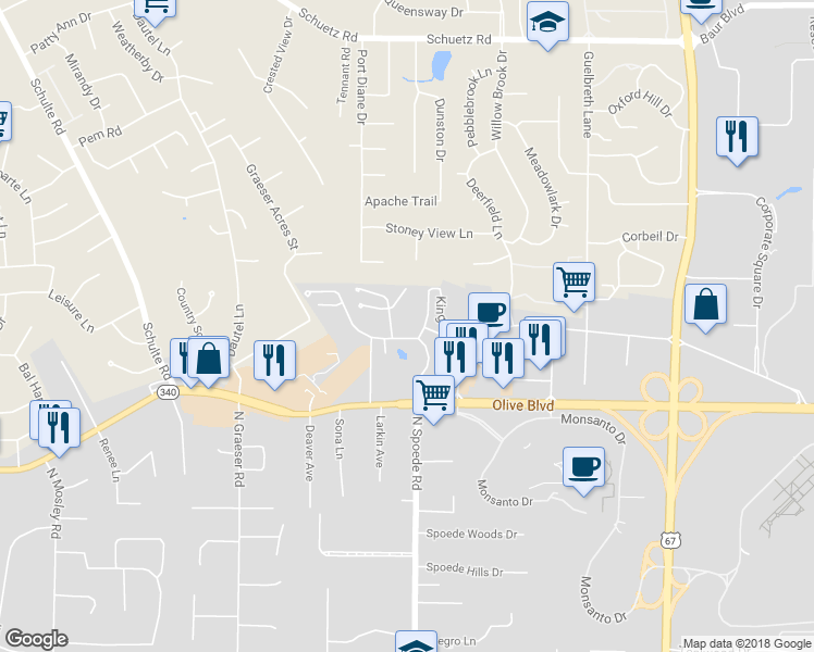 map of restaurants, bars, coffee shops, grocery stores, and more near 970 North Spoede Road in St. Louis