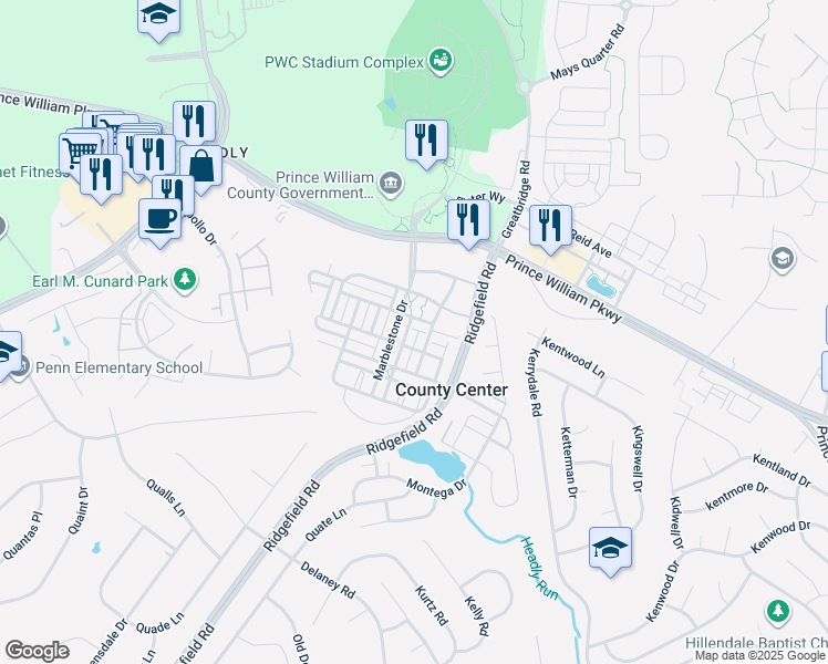 map of restaurants, bars, coffee shops, grocery stores, and more near 13001 Jadestone Way in Woodbridge