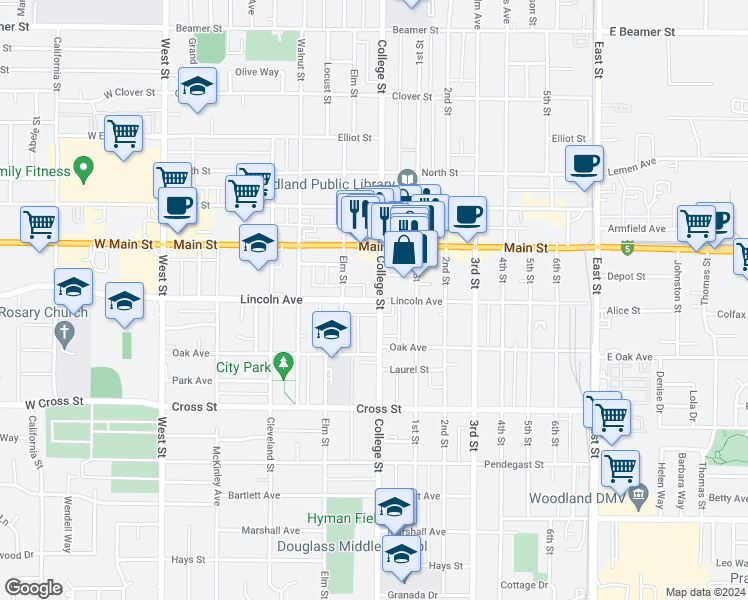 map of restaurants, bars, coffee shops, grocery stores, and more near 424 Lincoln Avenue in Woodland