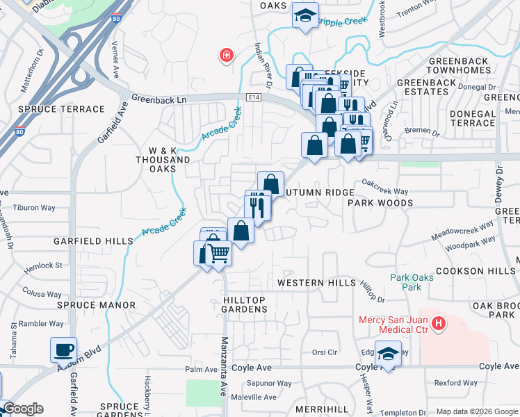 map of restaurants, bars, coffee shops, grocery stores, and more near 6008 Auburn Boulevard in Citrus Heights