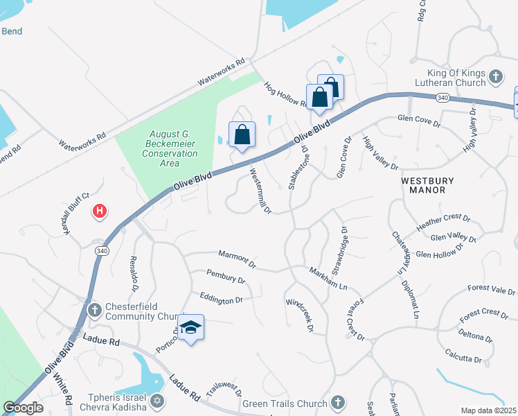 map of restaurants, bars, coffee shops, grocery stores, and more near 539 Westernmill Drive in Chesterfield