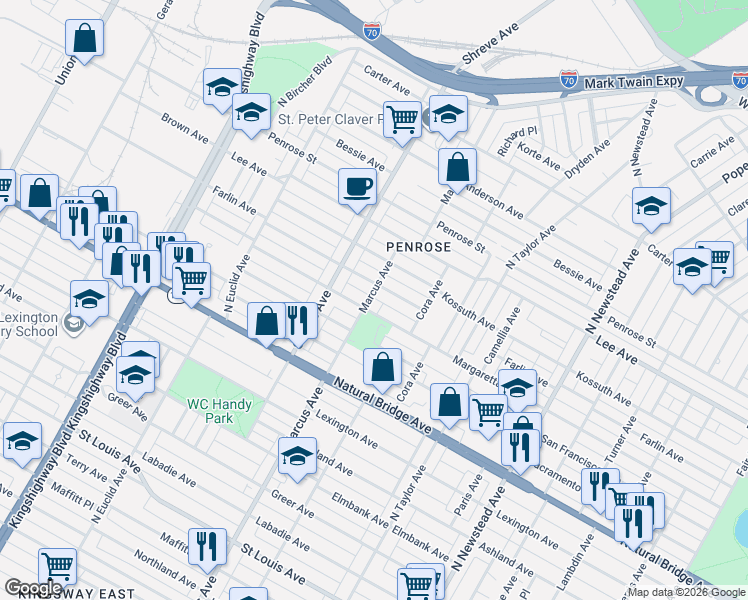 map of restaurants, bars, coffee shops, grocery stores, and more near 4671 Farlin Avenue in St. Louis