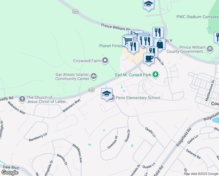 map of restaurants, bars, coffee shops, grocery stores, and more near 12969 Queen Chapel Road in Woodbridge