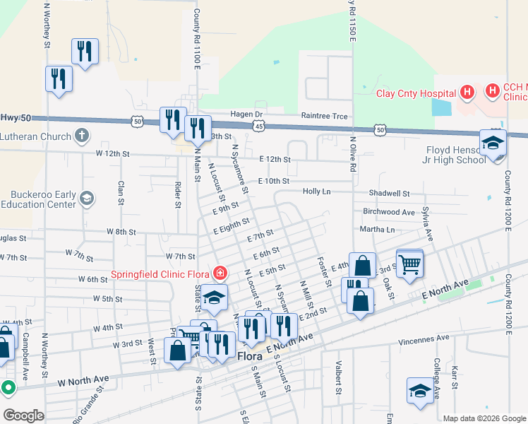 map of restaurants, bars, coffee shops, grocery stores, and more near 301-339 Jefferson Avenue in Flora