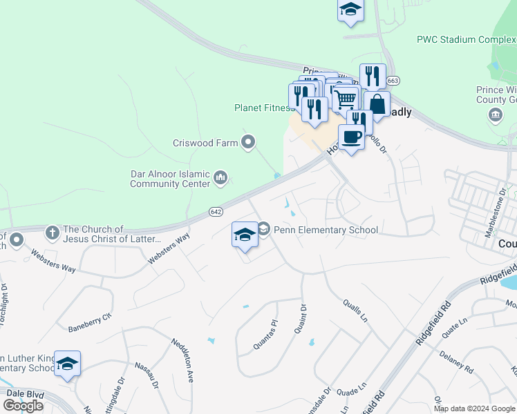 map of restaurants, bars, coffee shops, grocery stores, and more near 12969 Queen Chapel Road in Woodbridge