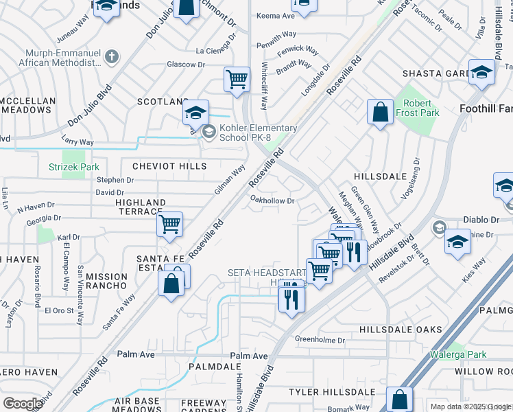 map of restaurants, bars, coffee shops, grocery stores, and more near 4420 Oakhollow Drive in Sacramento
