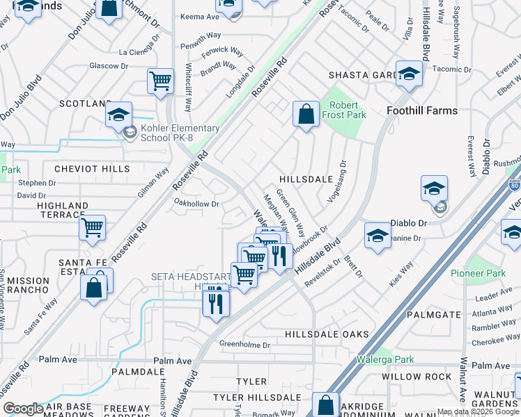 map of restaurants, bars, coffee shops, grocery stores, and more near 5966 Walerga Road in Sacramento