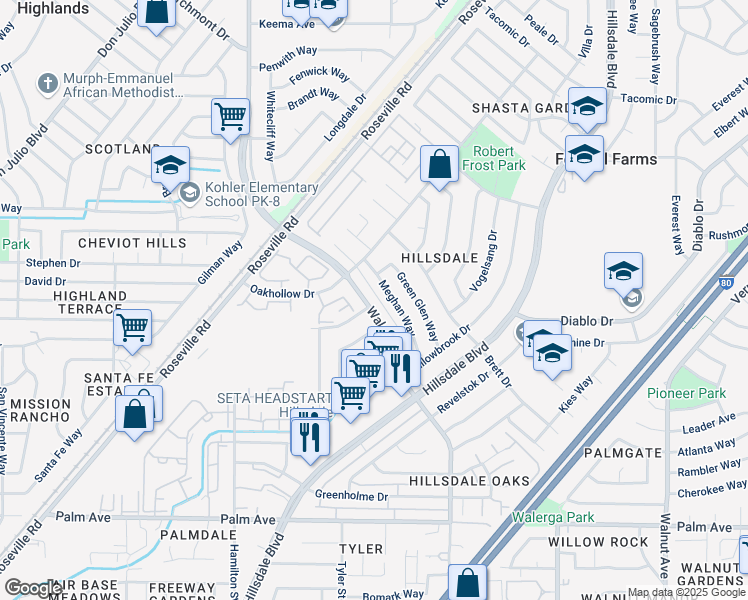 map of restaurants, bars, coffee shops, grocery stores, and more near 5948 Walerga Road in Sacramento