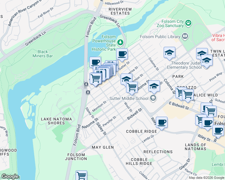 map of restaurants, bars, coffee shops, grocery stores, and more near 1-2 Figueroa Street Mormon Street Alley in Folsom