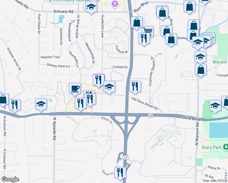 map of restaurants, bars, coffee shops, grocery stores, and more near 900 North Lindbergh Boulevard in Creve Coeur