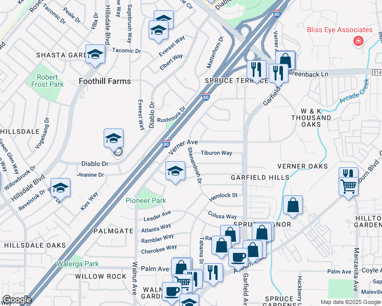 map of restaurants, bars, coffee shops, grocery stores, and more near 5301 Tiburon Way in Sacramento