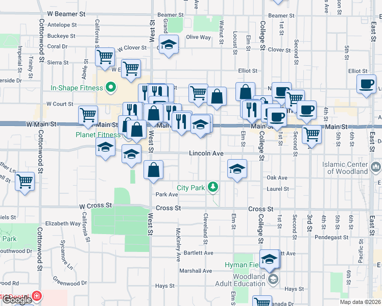map of restaurants, bars, coffee shops, grocery stores, and more near 177 Lincoln Avenue in Woodland