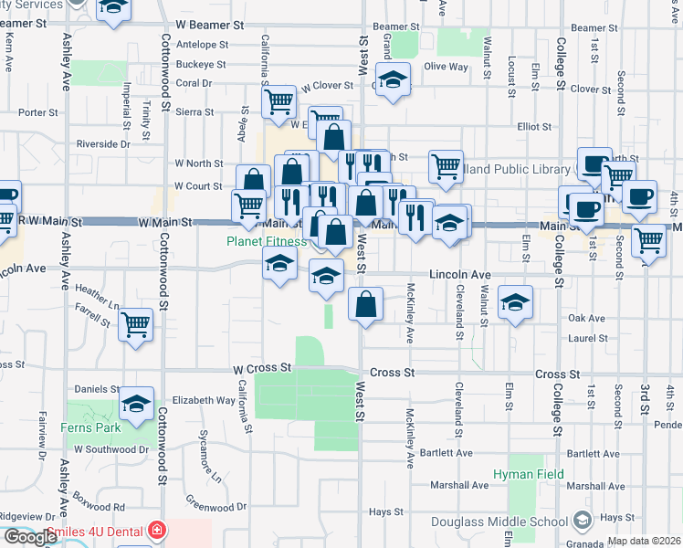 map of restaurants, bars, coffee shops, grocery stores, and more near 15 West Main Street in Woodland