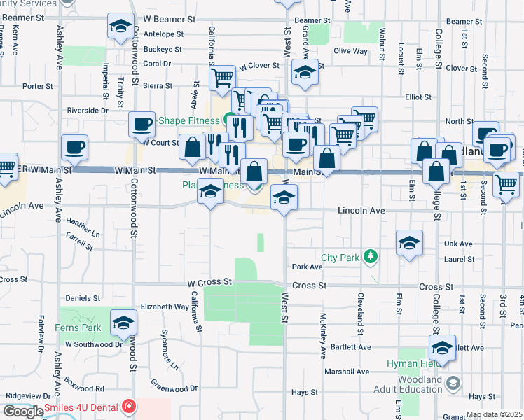 map of restaurants, bars, coffee shops, grocery stores, and more near 15 West Main Street in Woodland