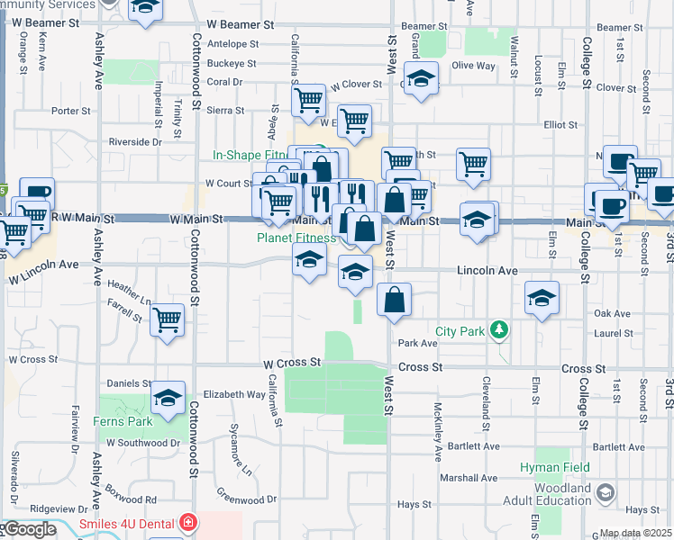 map of restaurants, bars, coffee shops, grocery stores, and more near 60 West Lincoln Avenue in Woodland