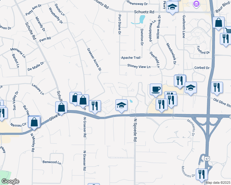 map of restaurants, bars, coffee shops, grocery stores, and more near 10860 Piccadilly Square Drive in St. Louis